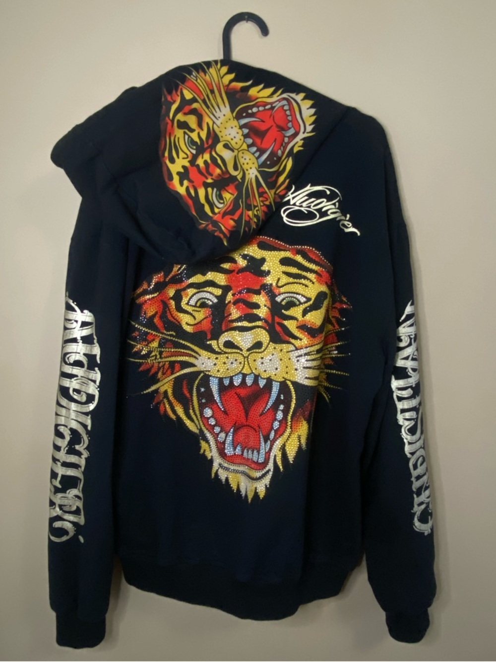 Christian Audigier Tiger Motif Black Zip Up Hoodie Sweater Gold Rare Collector